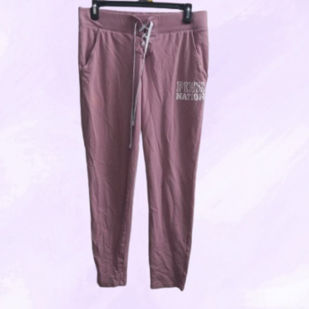 PINK Victoria's Secret shoelace front leggings pink nation left leg drawstring M